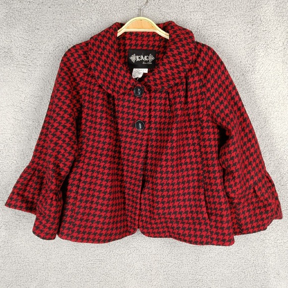LAL Live a Little Large Houndstooth Wool Blend Jacket Bell Sleeve Red Black Coat - Picture 1 of 7
